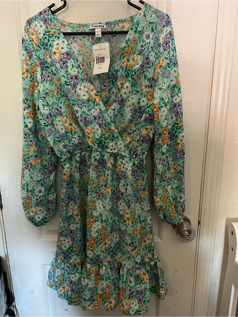 Love, Fire Mint Floral Long Sleeve Wrap Dress